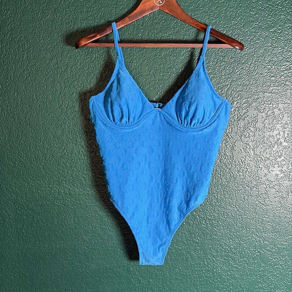 Blue Textured Swimsuit Bodysuit